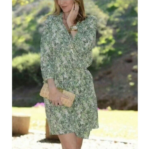 CAbi Green/ White Leaf Print Tropical Faux Wrap Dress V-Neck Long Sleeve Size XS - Picture 1 of 7